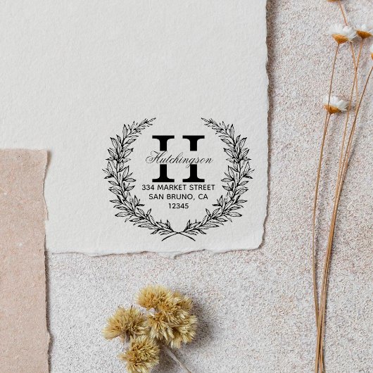 Groene handgetekende bloemenkrans | Retouradres Zelfinktende Stempel