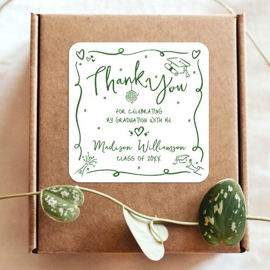 Groene handgetekende Doodle Afstudeer Bedankt Wit Vierkante Sticker
