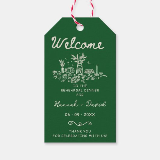 Groene handgetekende moderne proefhuwelijksdiner b cadeaulabel (Voorkant)
