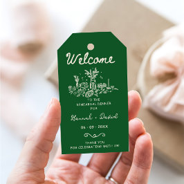 Groene handgetekende moderne proefhuwelijksdiner b cadeaulabel