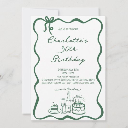 GROENE Handgetekende Uitnodiging voor 30e Verjaard (Voorkant)