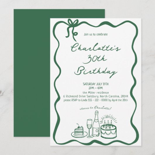 GROENE Handgetekende Uitnodiging voor 30e Verjaard (Voorkant / Achterkant)