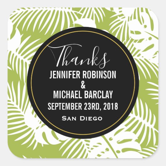 Groene handpalmen Oerwoud Pattern Weddenschap Beda Vierkante Sticker (Voorkant)