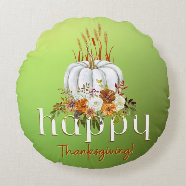 Groene Happy Thanksgiving Herfst Bloemenpompoen Rond Kussen (Voorkant)