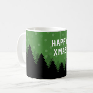 Groene Happy Xmas mok met bos, bomen en sneeuw