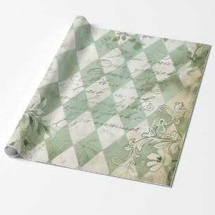 Groene Harlekijn Bloemrijke Schrift uit het Verled Cadeaupapier