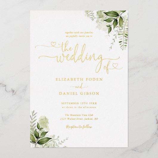 Groene Harten Script Calligrafie Trouw Goud Folie Uitnodiging (Voorkant)