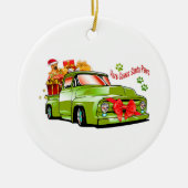 Groene heftruck met cadeaus en hondje keramisch ornament (Voorkant)