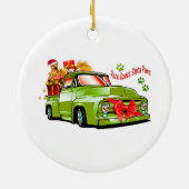 Groene heftruck met cadeaus en hondje keramisch ornament (Achterkant)
