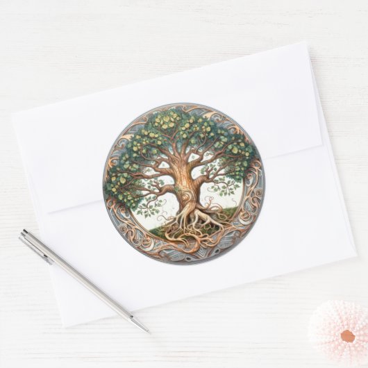 Groene heidense levensboom ronde sticker (Envelop)