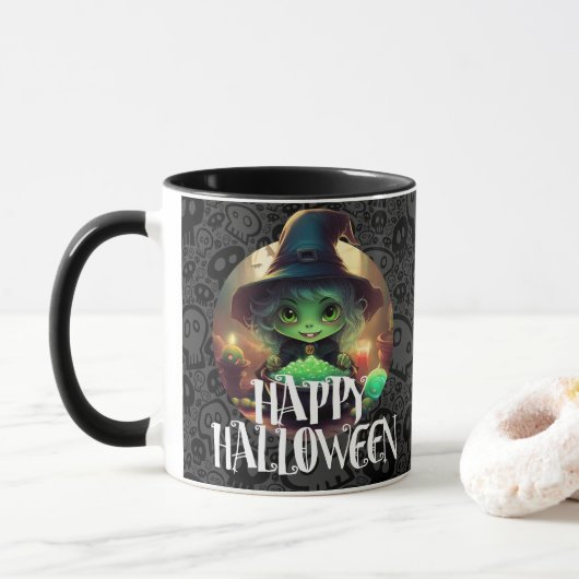 Groene heks eten Snoep Happy Halloween Mok (Met donut)