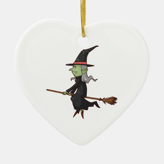 Groene heks met grijze haarvlieger op Broomstick Keramisch Ornament (Voorkant)