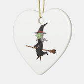 Groene heks met grijze haarvlieger op Broomstick Keramisch Ornament (Links)