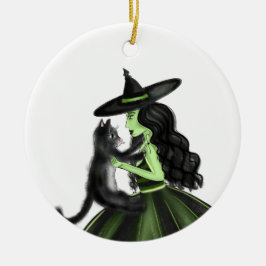 Groene Heks met Zwarte Harige Kat Keramisch Ornament
