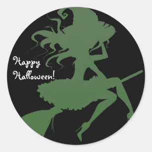 Groene Heks Vliegende Bezem Halloween Feest Ronde Sticker