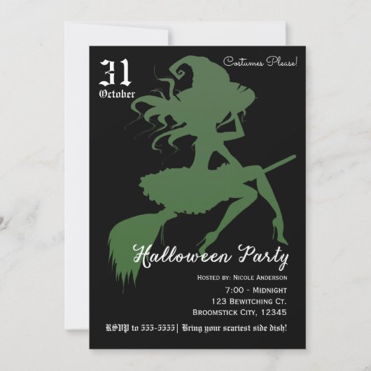 Groene Heks Vliegende Broomstick Halloween Feest Kaart (Voorkant)