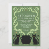 Groene Heksachtige Zwarte Kat Ketel Halloween Fees Kaart (Voorkant)