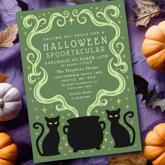 Groene Heksachtige Zwarte Kat Ketel Halloween Fees Kaart