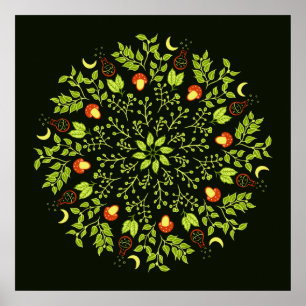 Groene heksen paddenstoel verlaat planten mandala poster