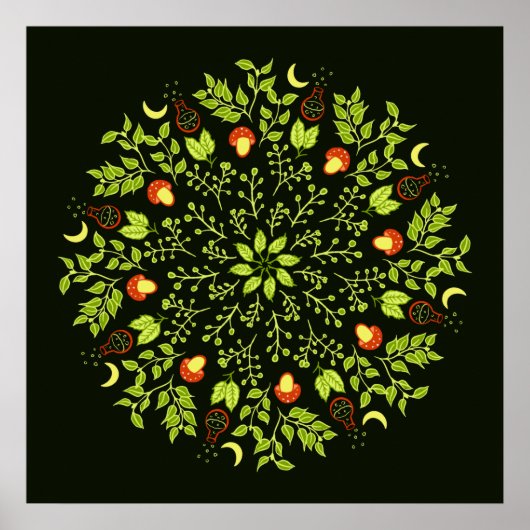Groene heksen paddenstoel verlaat planten mandala poster (Voorkant)