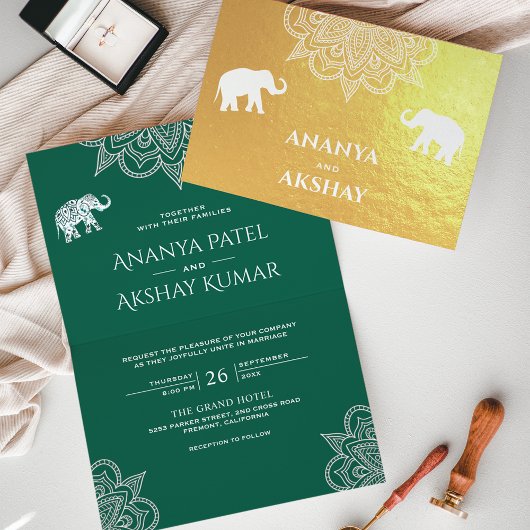 Groene Henna Olifant Indiase bruiloft goud Folie Kaarten
