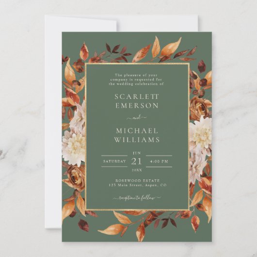 Groene herfst bloemige bruiloft kaart (Voorkant)