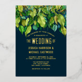 Groene Herfstbladeren Loof Groen Goud Bruiloft Folie Uitnodiging (Voorkant)