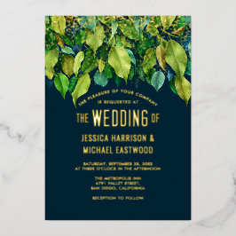 Groene Herfstbladeren Loof Groen Goud Bruiloft Folie Uitnodiging