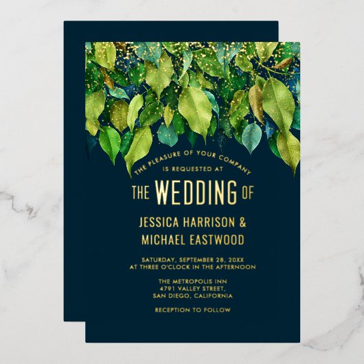 Groene Herfstbladeren Loof Groen Goud Bruiloft Folie Uitnodiging (Voorkant / Achterkant)