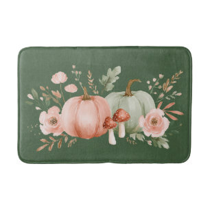 Groene herfstpompoenen, paddenstoelen en bloemen badmat
