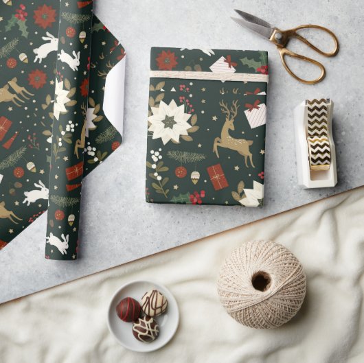 Groene herten Hand getrokken Kerst Patroon Design Cadeaupapier (Crafts)
