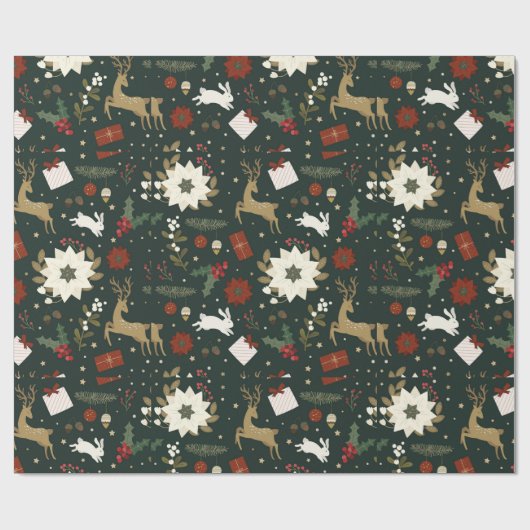 Groene herten Hand getrokken Kerst Patroon Design Cadeaupapier (Vlak)