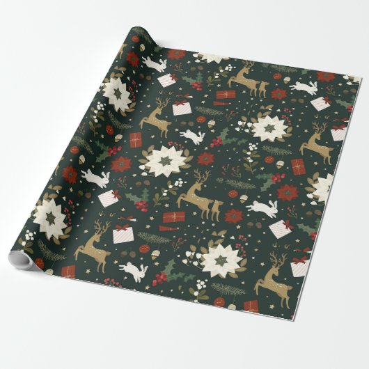 Groene herten Hand getrokken Kerst Patroon Design Cadeaupapier (Uitgerold)