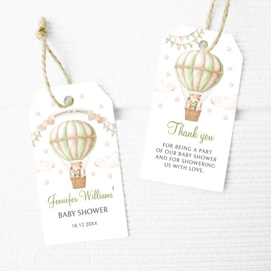 Groene Hete Luchtballon Teddy Baby shower dank u Cadeaulabel