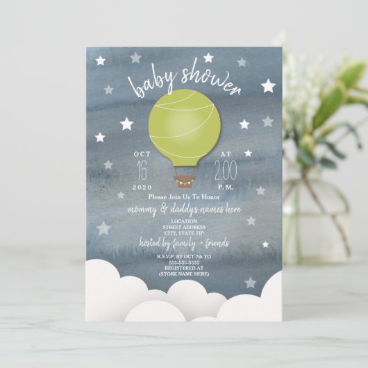 Groene heteluchtballon + Sterren Neutraal Baby sho Kaart (Staand voorkant)
