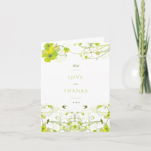 Groene Hibiscus Swirls & Swallows Floral Wedding Bedankkaart (Voorkant)