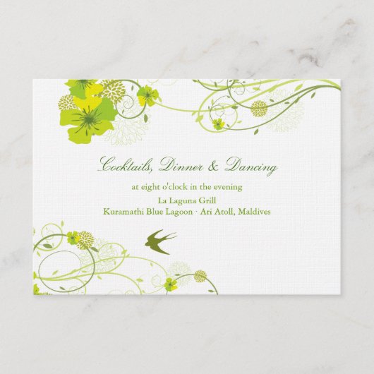 Groene Hibiscus Swirls & Swallows Floral Wedding Informatiekaartje (Voorkant)