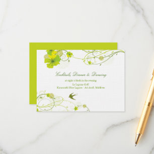Groene Hibiscus Swirls & Swallows Floral Wedding Informatiekaartje