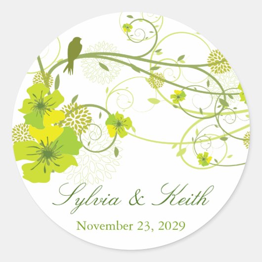 Groene Hibiscus Swirls & Swallows Floral Wedding Ronde Sticker (Voorkant)
