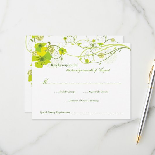 Groene Hibiscus Swirls & Swallows Floral Wedding RSVP Kaartje (Voorkant / Achterkant in situ)