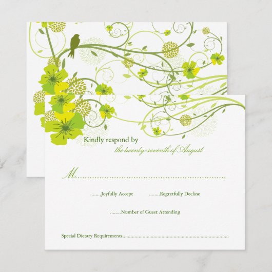 Groene Hibiscus Swirls & Swallows Floral Wedding RSVP Kaartje (Voorkant / Achterkant)