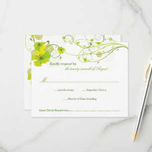 Groene Hibiscus Swirls & Swallows Floral Wedding RSVP Kaartje
