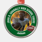 Groene High School Football Speler Foto Kerst Metalen Ornament (Voorkant)