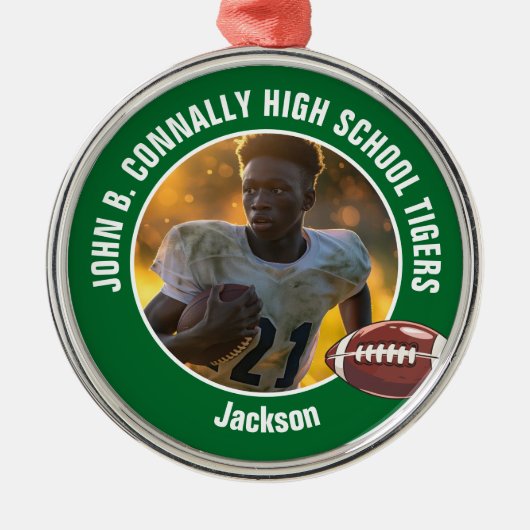 Groene High School Football Speler Foto Kerst Metalen Ornament (Voorkant)