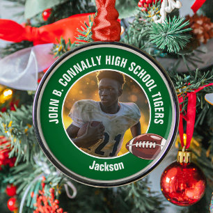 Groene High School Football Speler Foto Kerst Metalen Ornament