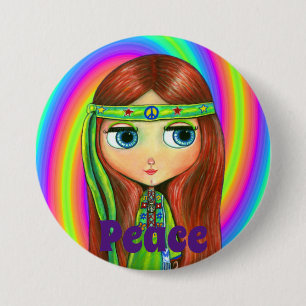 Groene Hippie Doll Peace Sign Headband Cute Ronde Button 7,6 Cm