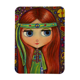 Groene Hippie Girl Doll Flower Power Peace Magneet