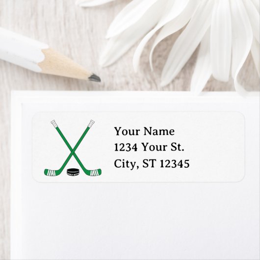 Groene Hockeysticks en Puck Retouradres Etiket (Insitu)