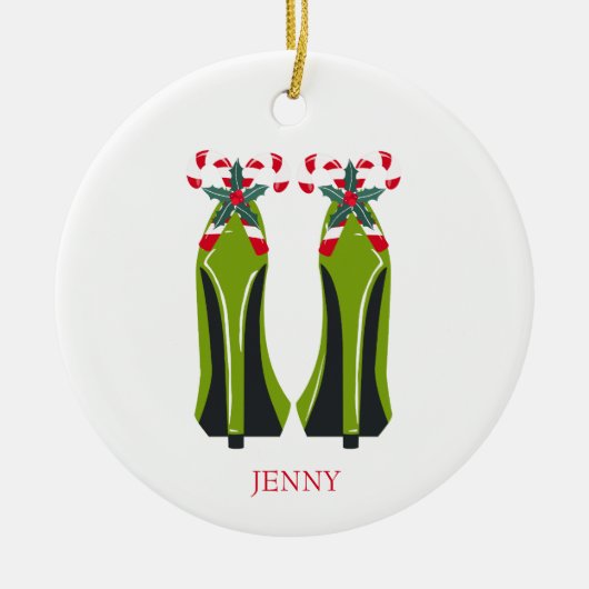 Groene Hoge Hakken met Candy Canes Keramisch Ornament (Voorkant)
