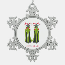 Groene Hoge Hakken met Candy Canes Tin Sneeuwvlok Ornament